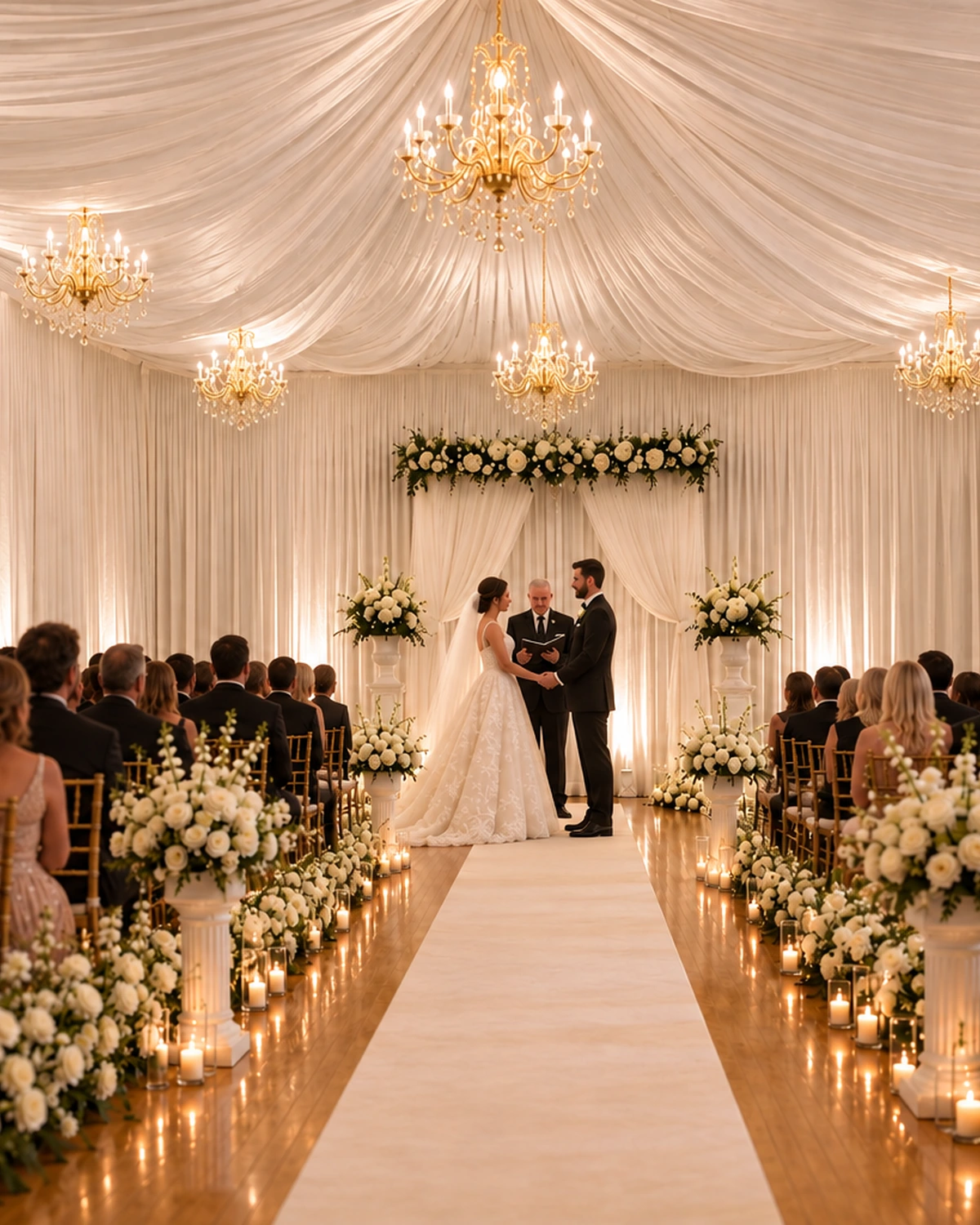 Ceremony inspiration in an ivory and gold ballroom