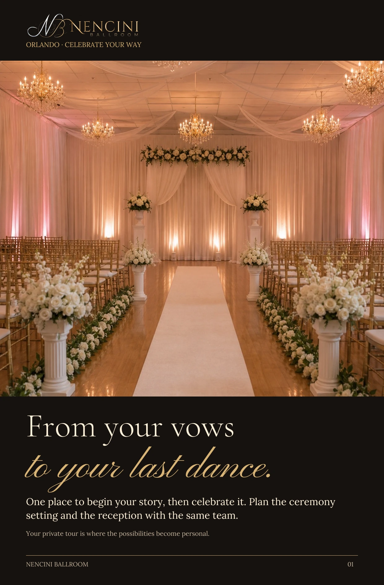 Wedding ceremony + reception — From your vows to your last dance. One place to begin your story, then celebrate it. Plan the ceremony setting and the reception with the same team. Your private tour is where the possibilities become personal.