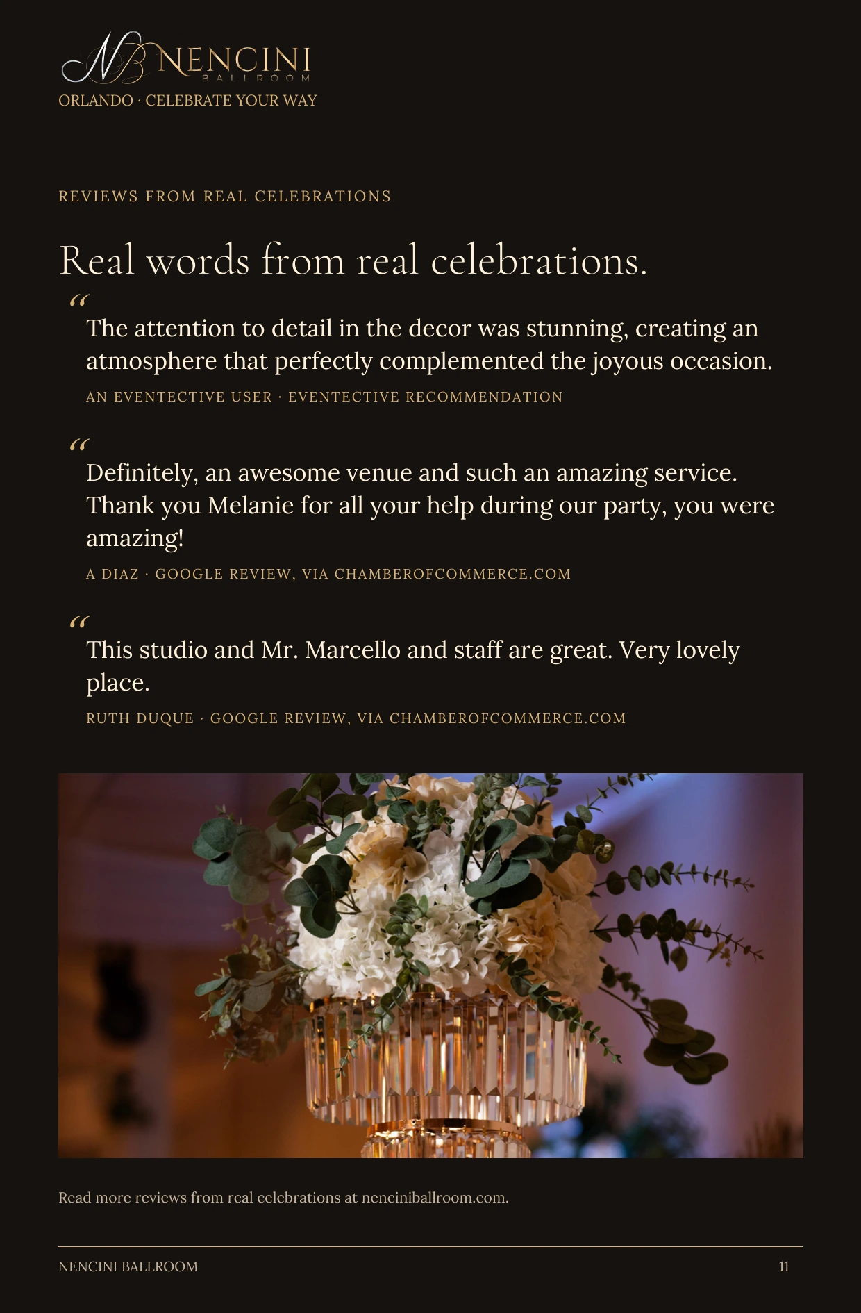 What families say — REVIEWS FROM REAL CELEBRATIONS Real words from real celebrations. “ The attention to detail in the decor was stunning, creating an atmosphere that perfectly complemented the joyous occasion. AN EVENTECTIVE USER · EVENTECTIVE RECOMMENDATION “ Definitely, an awesome venue and such an amazing service. Thank you Melanie for all your help during our party, you were amazing! A DIAZ · GOOGLE REVIEW, VIA CHAMBEROFCOMMERCE.COM “ This studio and Mr. Marcello and staff are great. Very lovely place. RUTH DUQUE · GOOGLE REVIEW, VIA CHAMBEROFCOMMERCE.COM Read more reviews from real celebrations at nenciniballroom.com.