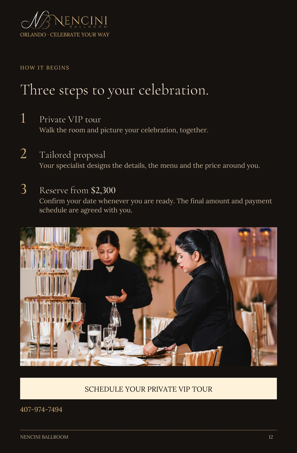 How it begins — HOW IT BEGINS Three steps to your celebration. 1 Private VIP tour Walk the room and picture your celebration, together. 2 Tailored proposal Your specialist designs the details, the menu and the price around you. 3 Reserve from $2,300 Confirm your date whenever you are ready. The final amount and payment schedule are agreed with you. SCHEDULE YOUR PRIVATE VIP TOUR 407-974-7494