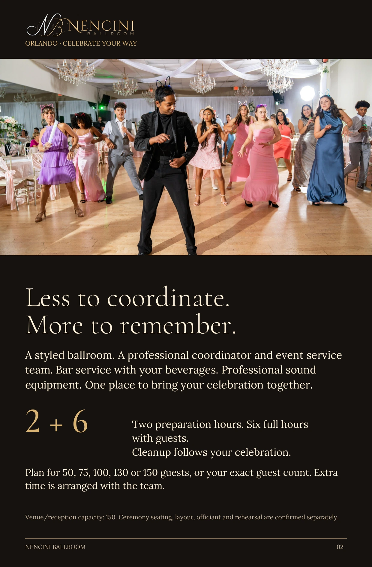 Be in the celebration — Less to coordinate.
More to remember. A styled ballroom. A professional coordinator and event service team. Bar service with your beverages. Professional sound equipment. One place to bring your celebration together. 2 + 6 Two preparation hours. Six full hours with guests.
Cleanup follows your celebration. Plan for 50, 75, 100, 130 or 150 guests, or your exact guest count. Extra time is arranged with the team. Venue/reception capacity: 150. Ceremony seating, layout, officiant and rehearsal are confirmed separately.