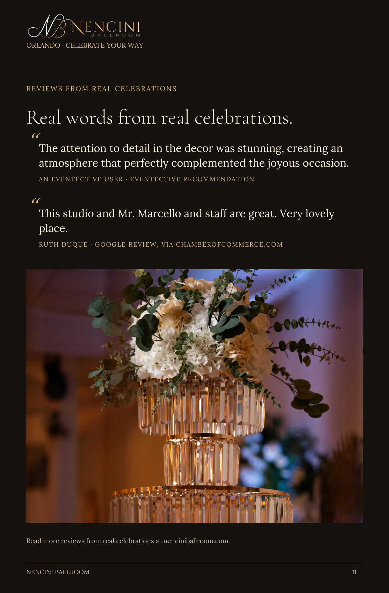 What families say — REVIEWS FROM REAL CELEBRATIONS Real words from real celebrations. “ The attention to detail in the decor was stunning, creating an atmosphere that perfectly complemented the joyous occasion. AN EVENTECTIVE USER · EVENTECTIVE RECOMMENDATION “ This studio and Mr. Marcello and staff are great. Very lovely place. RUTH DUQUE · GOOGLE REVIEW, VIA CHAMBEROFCOMMERCE.COM Read more reviews from real celebrations at nenciniballroom.com.