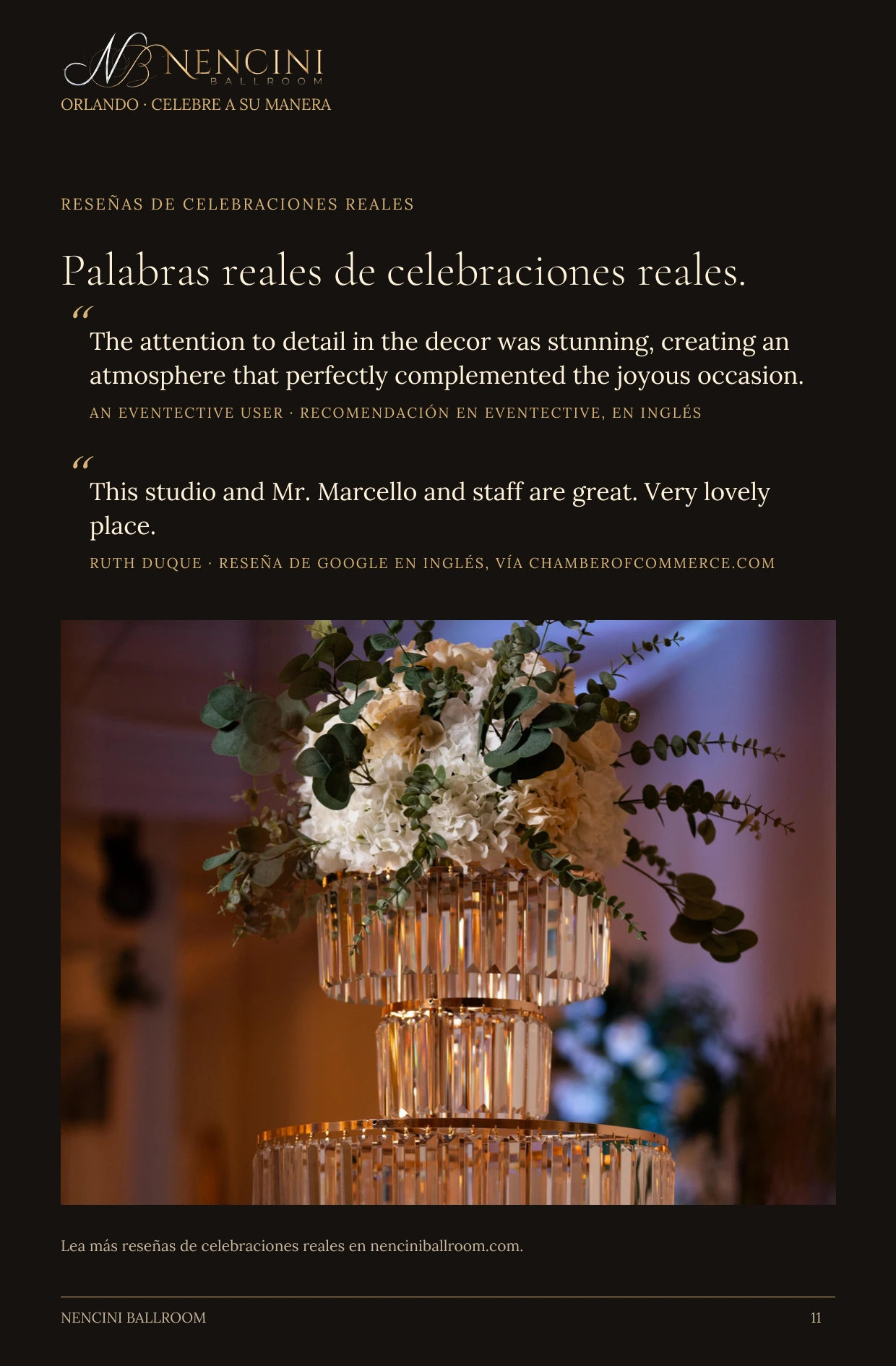 Lo que dicen las familias — RESEÑAS DE CELEBRACIONES REALES Palabras reales de celebraciones reales. “ The attention to detail in the decor was stunning, creating an atmosphere that perfectly complemented the joyous occasion. AN EVENTECTIVE USER · RECOMENDACIÓN EN EVENTECTIVE, EN INGLÉS “ This studio and Mr. Marcello and staff are great. Very lovely place. RUTH DUQUE · RESEÑA DE GOOGLE EN INGLÉS, VÍA CHAMBEROFCOMMERCE.COM Lea más reseñas de celebraciones reales en nenciniballroom.com.