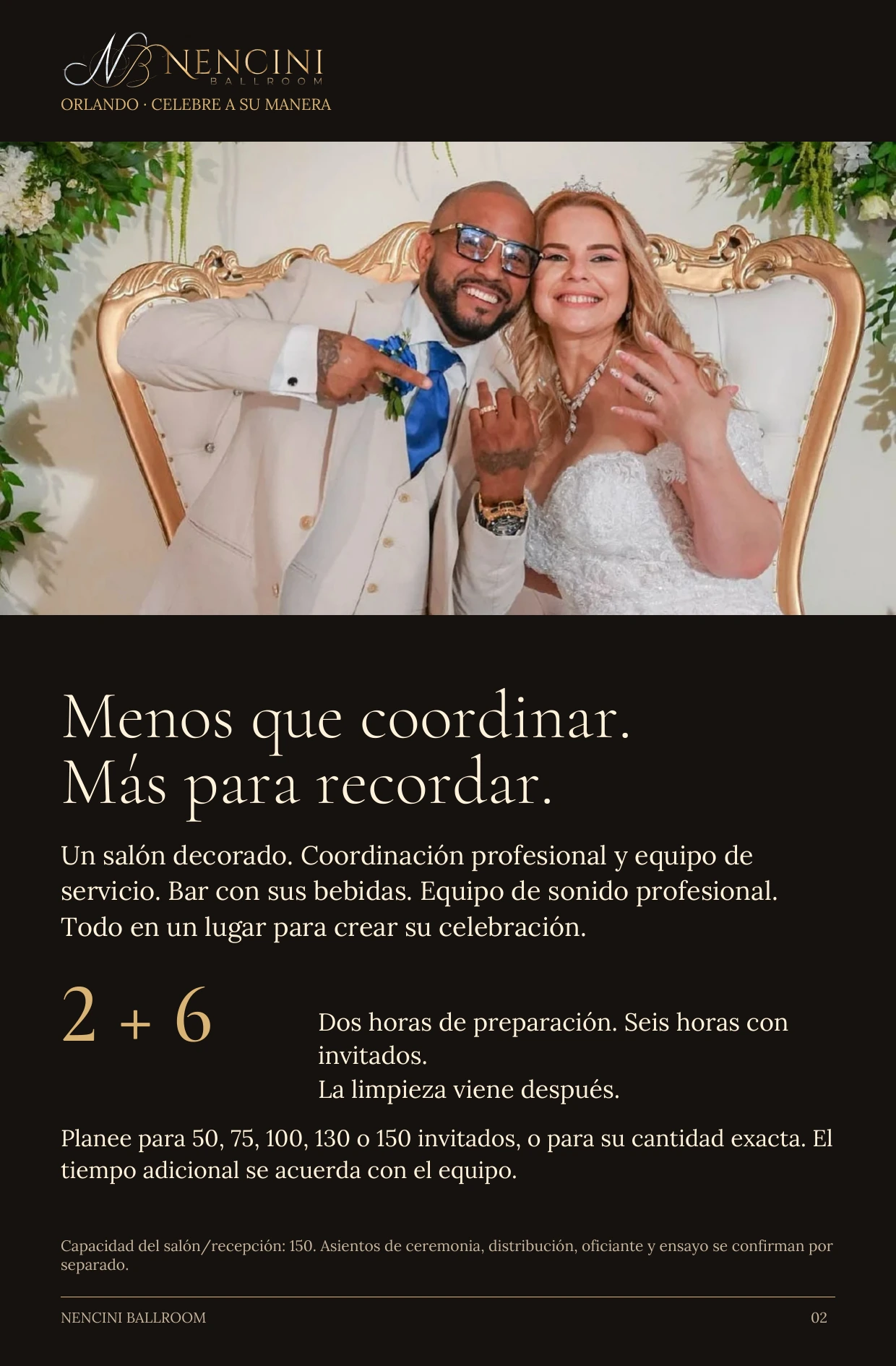 Viva la celebración — Menos que coordinar.
Más para recordar. Un salón decorado. Coordinación profesional y equipo de servicio. Bar con sus bebidas. Equipo de sonido profesional. Todo en un lugar para crear su celebración. 2 + 6 Dos horas de preparación. Seis horas con invitados.
La limpieza viene después. Planee para 50, 75, 100, 130 o 150 invitados, o para su cantidad exacta. El tiempo adicional se acuerda con el equipo. Capacidad del salón/recepción: 150. Asientos de ceremonia, distribución, oficiante y ensayo se confirman por separado.